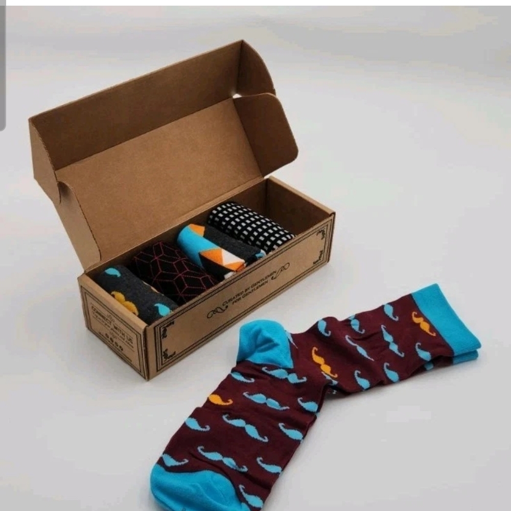 Men's Burgundy Crew Socks with Turquoise Mustache Accents